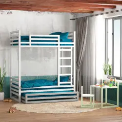 Двухъярусная кровать башня белый с выкатной кроватью