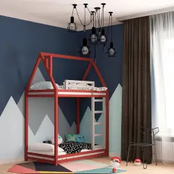 Двухъярусная кровать домик красный на 5см ножках