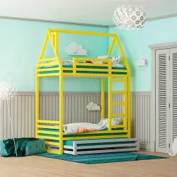 Двухъярусная кровать домик желтый с выкатной кроватью