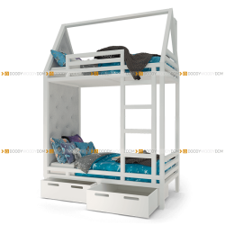 Детская кровать "Двухэтажный Дом" из массива бука со сплошными ящиками из мдф и двумя мягкими изголовьями