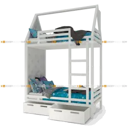 Детская кровать "Двухэтажный Дом" из массива бука со сплошными ящиками из мдф и двумя мягкими изголовьями