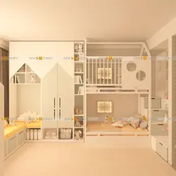 Детская комната с двухъярусной кроватью и игровым пространством на втором ярусе.