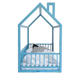 Голубая кровать-домик с манежными стенками | DOODYWOODY – Премиум мебель из массива бука