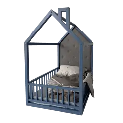 Кровать домик с мягким изголовьем синий doodywoody